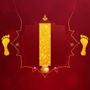 Golden footprints, Swastika symbols, and a lit diya on a red background representing auspiciousness and spirituality.