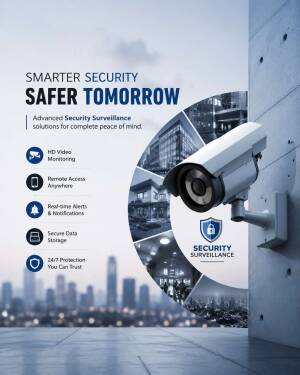 Modern security camera mounted on concrete wall with city skyline backdrop and feature list