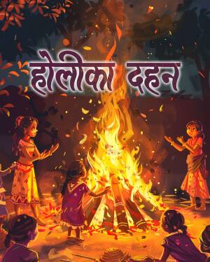 Illustration of children celebrating Holika Dahan with a bonfire.