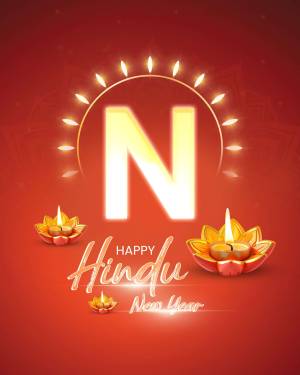Festive image with a large 'N' and lit diyas for Hindu New Year