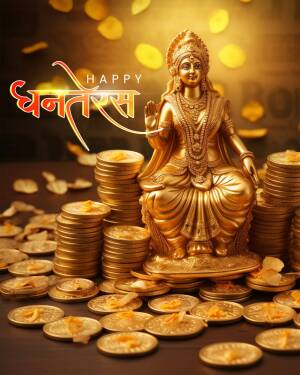 Golden statue of Lakshmi, the Hindu goddess of wealth, surrounded by gold coins and decorations for Dhanteras.