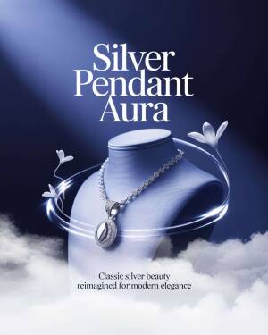 An elegant silver pendant on a display stand surrounded by ethereal light trails and clouds.
