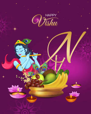 Vishu greeting with Lord Krishna and festive fruits
