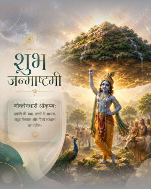 Lord Krishna lifting Govardhan Hill on his finger for Shubh Janmashtami celebration