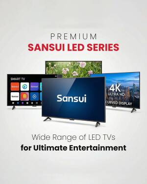 Collection of various Sansui LED televisions including smart and 4K curved display models
