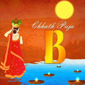 Illustration of a woman performing Chhath Puja with a rising sun and offerings.