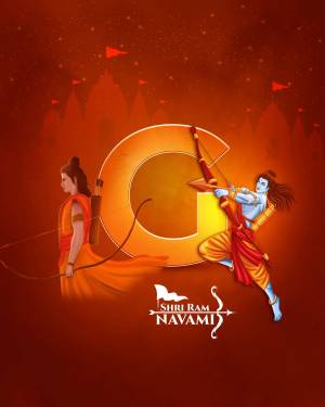 Illustration of Lord Rama aiming an arrow with Sita, and a large 'G' with temple silhouettes, celebrating Ram Navami.