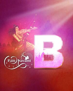 Illustration of Lord Rama aiming with a bow and arrow with the letter 'B' and Ram Navami text.