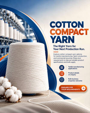 A large cone of cotton compact yarn with cotton bolls in the foreground against a textile manufacturing background.