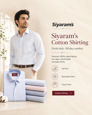 A man wearing a light blue dress shirt, featuring a stack of folded cotton shirts and Siyaram's branding.