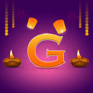Letter G with Diwali decorations including diyas and fireworks