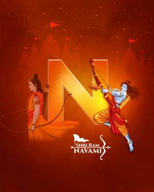 Illustration of Lord Rama aiming an arrow with the letter 'N' prominently displayed, celebrating Ram Navami.
