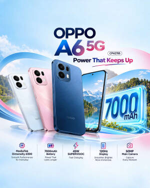 Oppo A6 5G smartphone advertisement showcasing three color variants and technical specifications including 7000mAh battery and 50MP camera