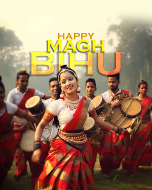 Group of people celebrating Magh Bihu with traditional dance and drums