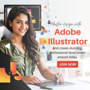 Woman using Adobe Illustrator on a computer and tablet