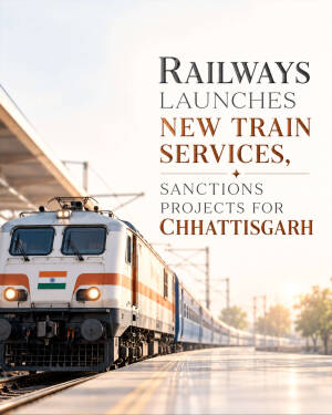 An Indian passenger train arriving at a station platform with text overlay announcing new railway services for Chhattisgarh.