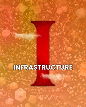 Large red letter 'I' with the word 'INFRASTRUCTURE' below it, set against a blurred background of geometric shapes.