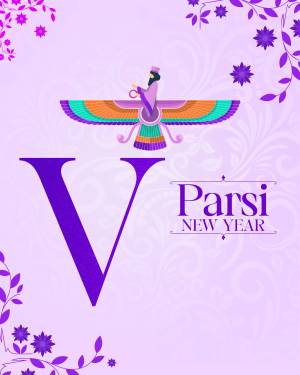 Illustration of a winged figure representing Zoroastrianism with the letter 'V' and 'Parsi New Year' text.