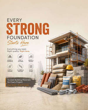 A variety of construction materials including cement bags, steel bars, and tiles in front of a building under construction