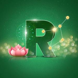 Green letter R with a pink lotus flower and golden constellation design