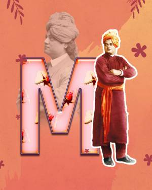 Portrait of Swami Vivekananda integrated with a large letter 'M'