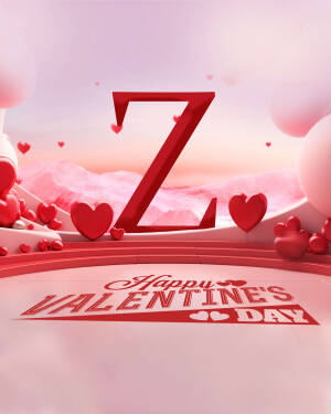 3D rendering of the letter Z surrounded by hearts and Valentine's Day decorations