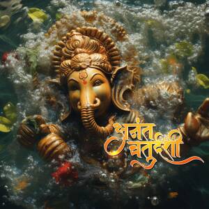 Golden statue of Lord Ganesha being immersed in water with bubbles and flowers