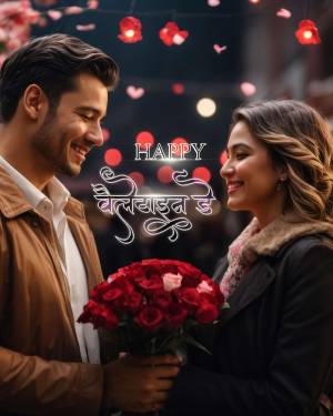 A couple smiling at each other with a bouquet of red roses and Valentine's Day text overlay.