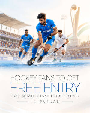 Indian national hockey team players in action on a blue pitch during the Asian Champions Trophy with text overlay promoting free entry