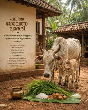 A white cow and its calf standing near an offering on a banana leaf with text in Malayalam.