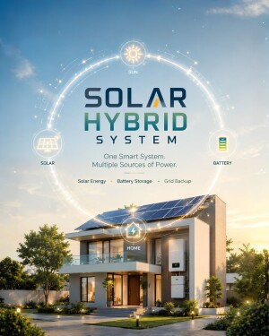 A modern residential home with solar panels and a hybrid energy system displayed against a sunset sky.