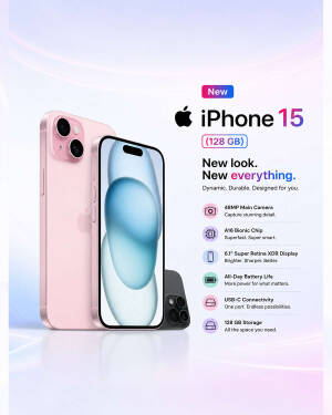 A pink Apple iPhone 15 showcasing its key features and specifications on a light, modern background.