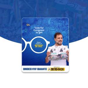 Image of Rahul Gandhi holding campaign materials with the slogan 'NYAY'