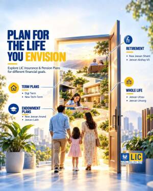 A family looking through an open door into a sunny landscape featuring various LIC insurance and pension plan options.