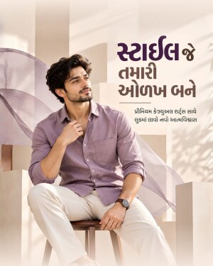 A stylish man wearing a mauve linen shirt and light trousers in a minimalist studio setting.