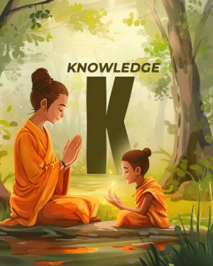 Illustration of a woman and child in orange robes meditating in a forest with the letter 'K' for Knowledge.