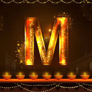 Golden letter M with Diwali lights and decorations