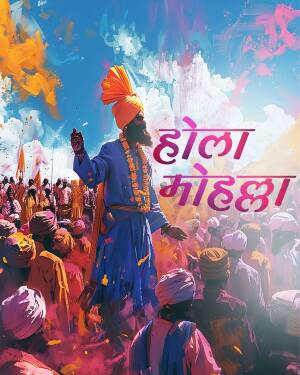 A Sikh man in blue attire raising his hand amidst a vibrant Holi celebration with colorful powder in the air.