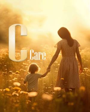Mother and child holding hands walking through a field of yellow flowers at sunset with the letter 'C' and the word 'Care' superimposed.
