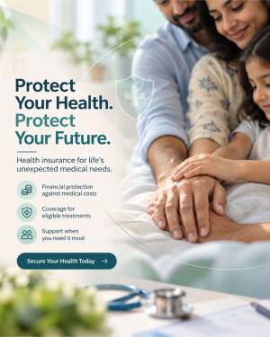 A happy family holding hands with medical insurance information overlaid, promoting health coverage.