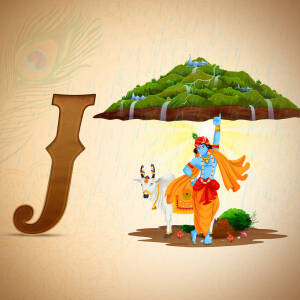 Illustration of Lord Krishna lifting Govardhan Hill to protect villagers from rain