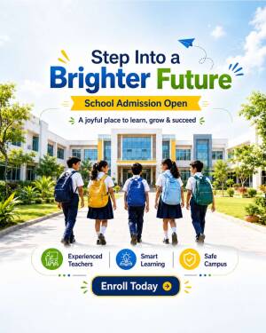 Students walking towards school building with backpacks for admission promotion