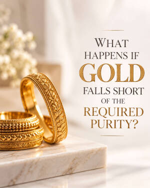 Stack of gold rings on a marble surface with text overlay about gold purity