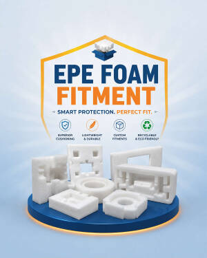 A collection of white EPE foam protective packaging parts displayed on a blue circular pedestal with informational icons.