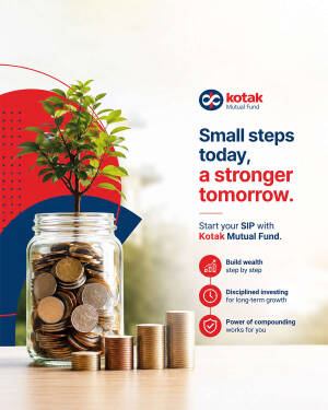 A plant growing out of a glass jar filled with coins, symbolizing investment growth, with Kotak Mutual Fund branding.