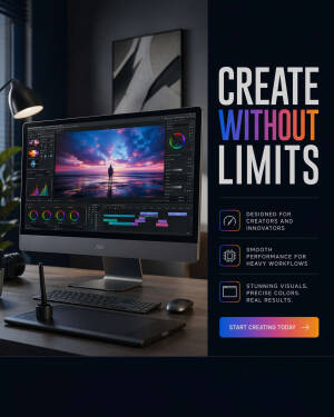 An all-in-one computer workstation showcasing professional video editing software in a modern dimly lit office setting