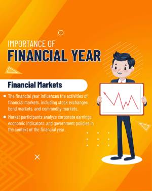 Illustration of a businessman holding a graph representing financial markets and the importance of the financial year.
