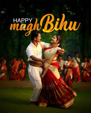 Couple performing Bihu dance with group in background