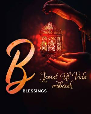 Hand holding a glowing lantern with the Arabic letter 'B' and text 'Jamat Ul Vida Mubarak'