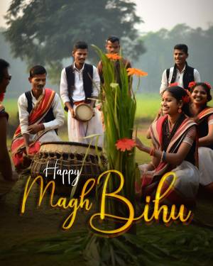 Group of people celebrating Magh Bihu festival with traditional instruments and attire.